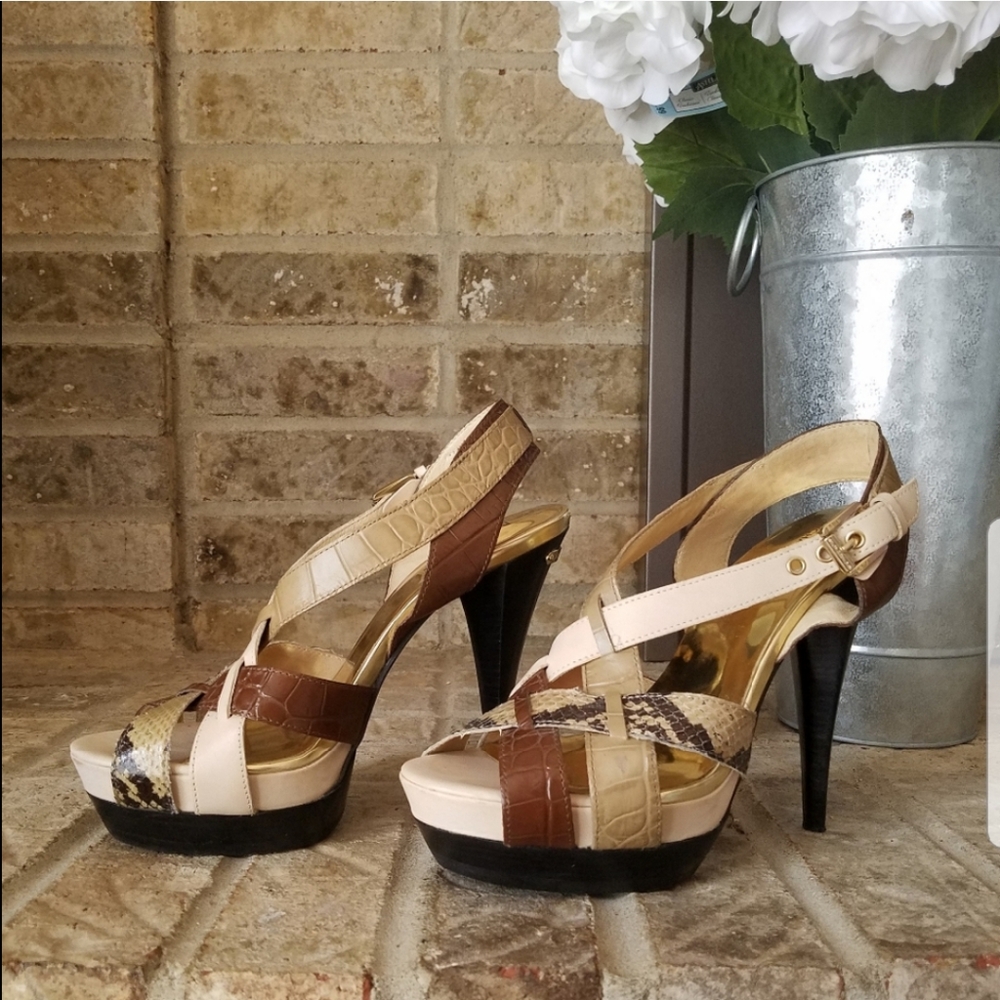 AUTHENTIC Michael Kors Beige Snakeskin Brown Black Leather Platform Sandals - Picture 11 of 11